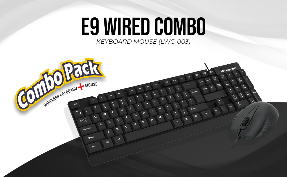 Lapcare E9 Wired Keyboard and Mouse Set with Adjustable Bracket, Long Button Life, Ergonomic and Lightweight Design, Black