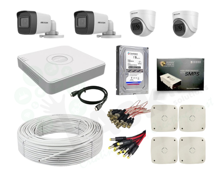 HIKVISION 4 Channel DVR with 2MP 2 Bullet Cameras + 2MP 2 Dome cameras + CONSISTENT 1 TB HDD + RODEL (3+1) Cable roll + HAWKVISION 4 CH Power Supply + Askmesolutions junction box 4x4 + BNC & DC + HDMI 1.5mtr Cable Full Combo Kit